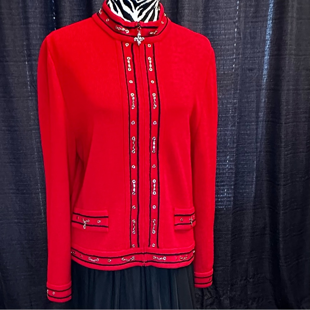 St John Collection Marie Gray Santana Knit red zip cardigan sweater blazer 14